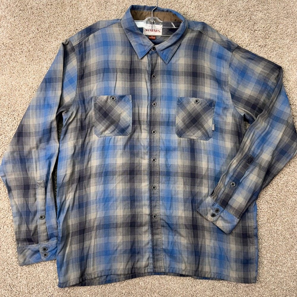 Simms Shirt Mens XL Blue Grey Plaid Fishing Long Sleeve Button Down EUC